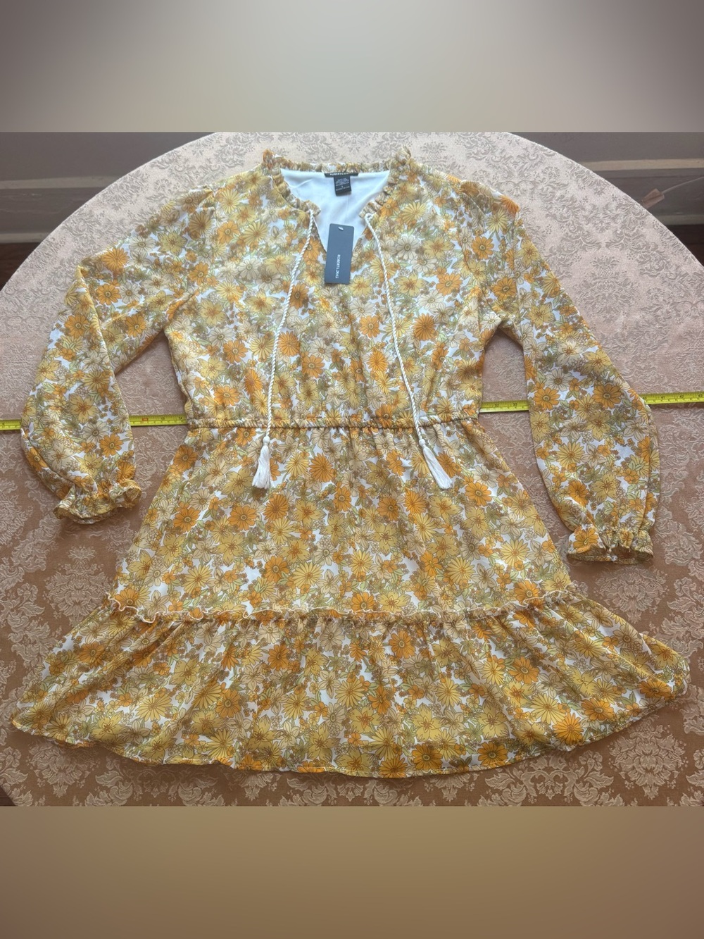 Robert Louis Daisy Print Tie-Front Ruffled Mini Dress -yellow orange white olive